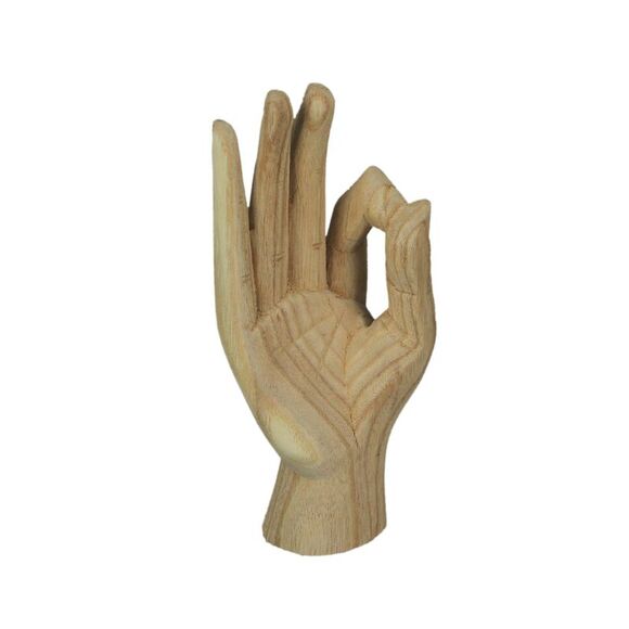 Carved Wooden A-OK Hand Gesture Statue Natural Finish 8 Inches High - Picture 1 of 7